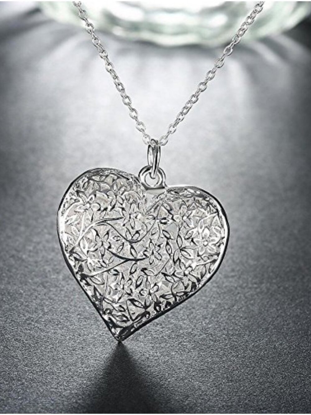 925 Sterling Silver Puffed Heart Pendant Necklace Textured Hollow 18in Cable - Picture 3 of 6